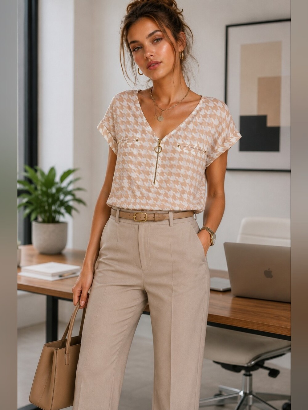 Flower & Feather Houndstooth Zip Front Blouse Tan Cream Medium Career Top - Picture 2 of 14